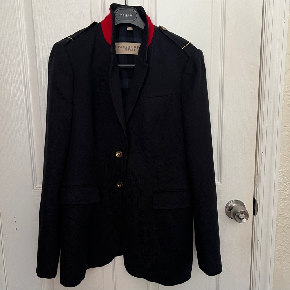 Burberry Navy Jacket with Bold Red Trim